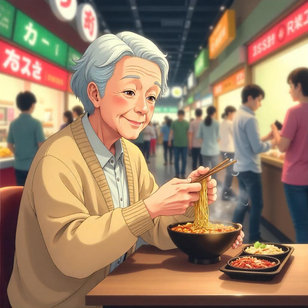 Elderly Anime Character at a Busy Food Court