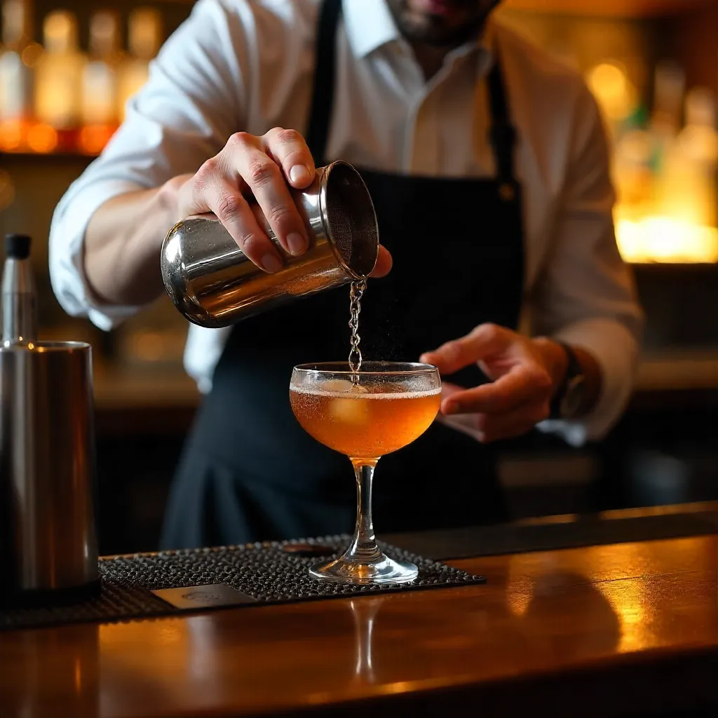 Bartender Straining a Classic Cocktail at the Bar Counter