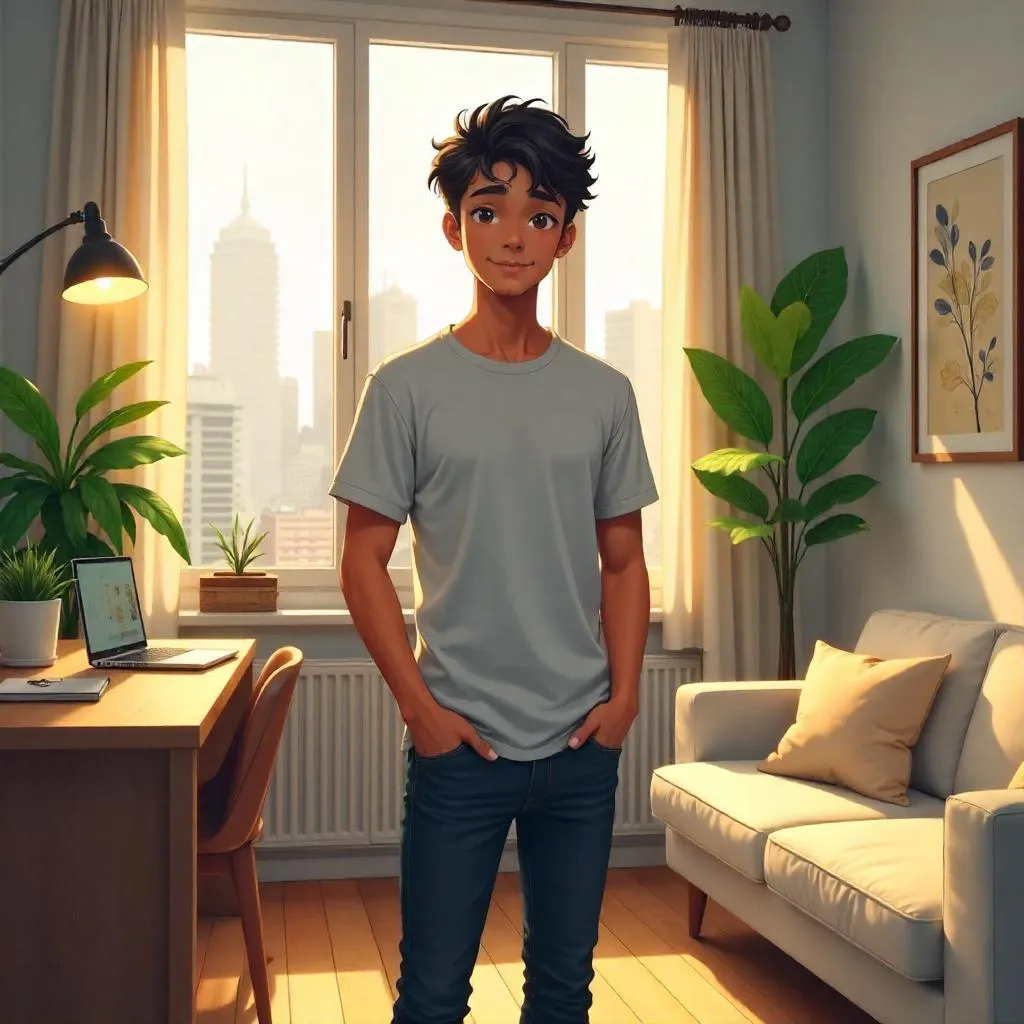 Young Indian Man in a Cozy Anime Apartment