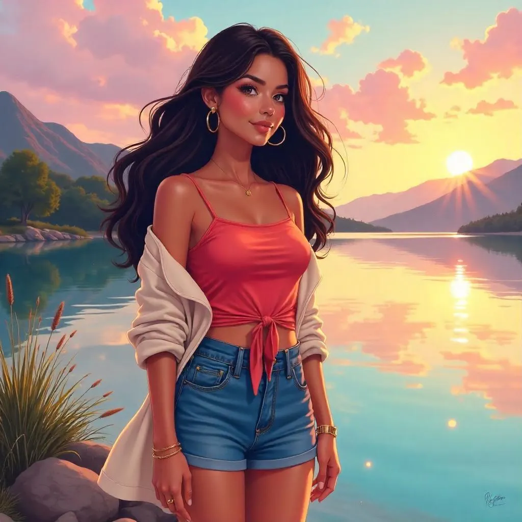 Latina Anime Girl by a Sunset Lake
