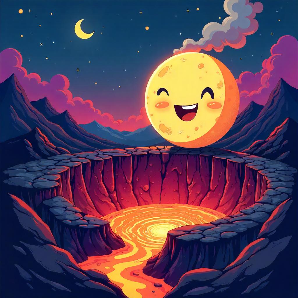Moon in a Cartoon Volcanic Crater
