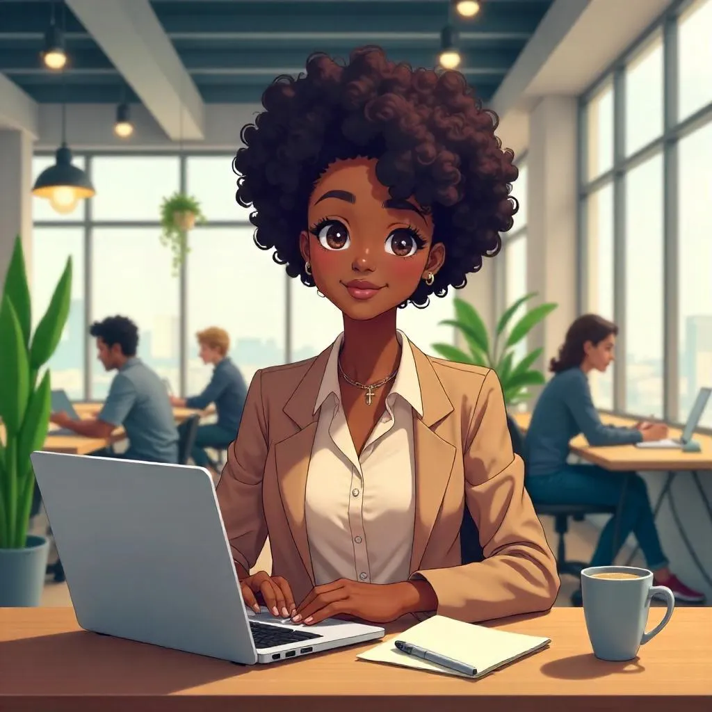 Anime Style: Young Black Woman in a Coworking Space
