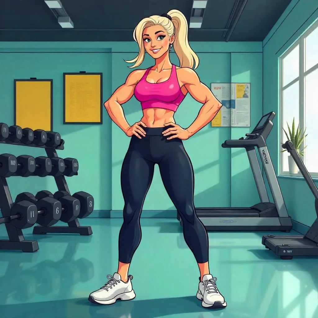 Confident White Woman in a Cartoon Gym Scene
