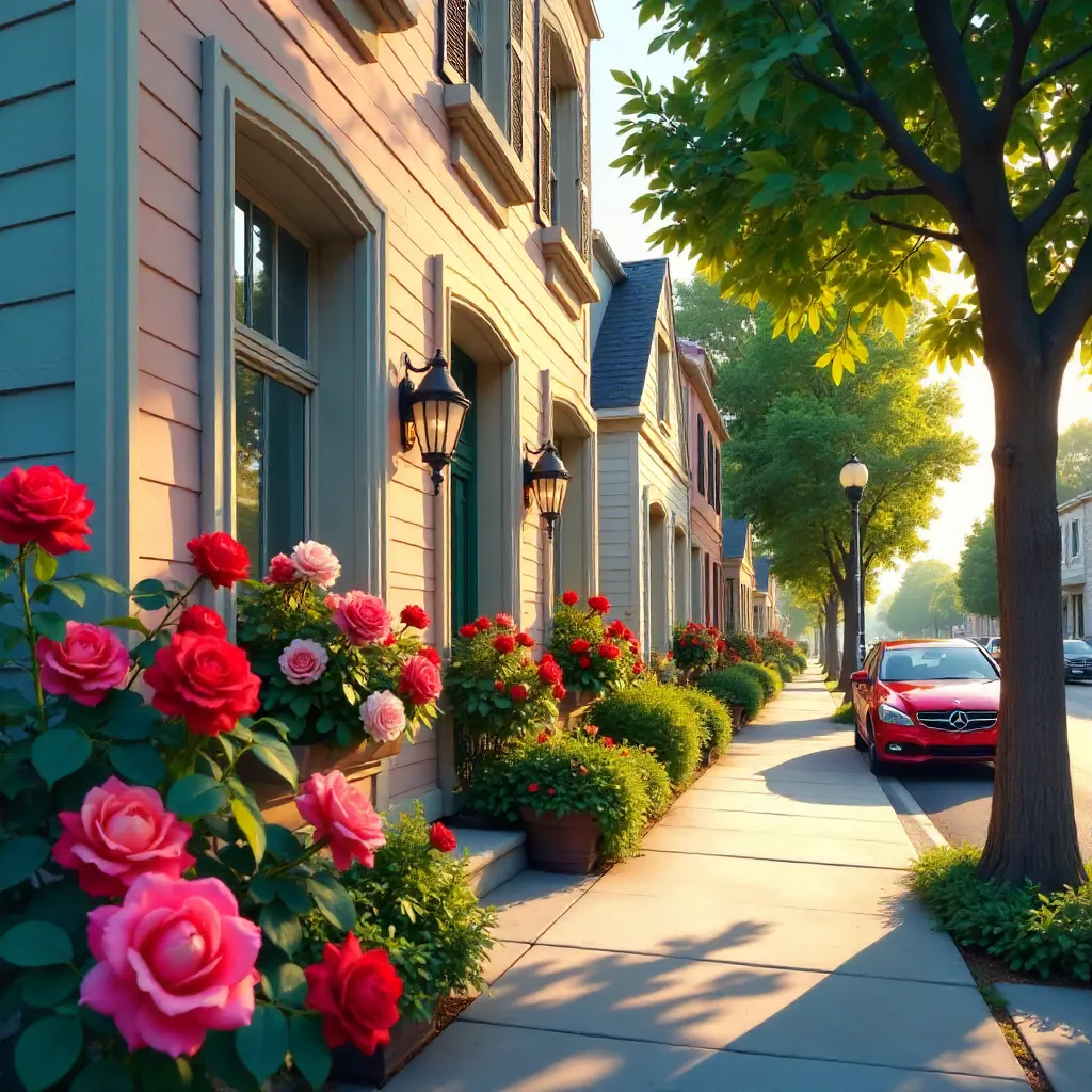 Serene Street Scene: Colorful House, Roses, and Red Car