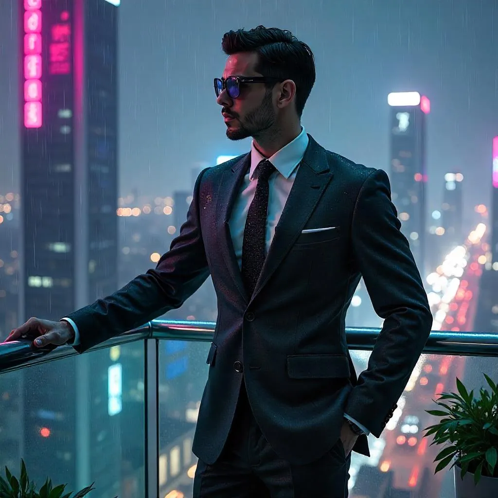 Cyberpunk Terrace: Latino Professional in Neon City