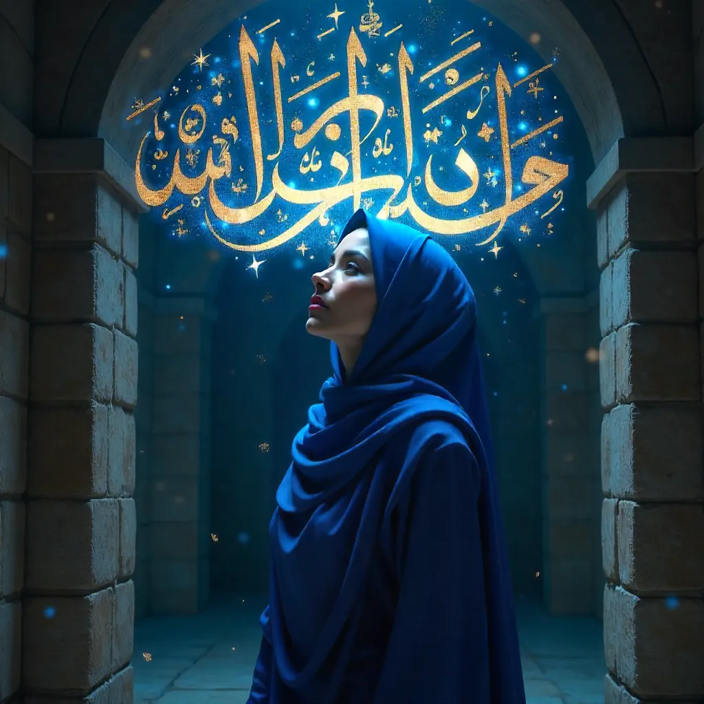 Blue Hijab Beneath a Mystical Calligraphy Projection