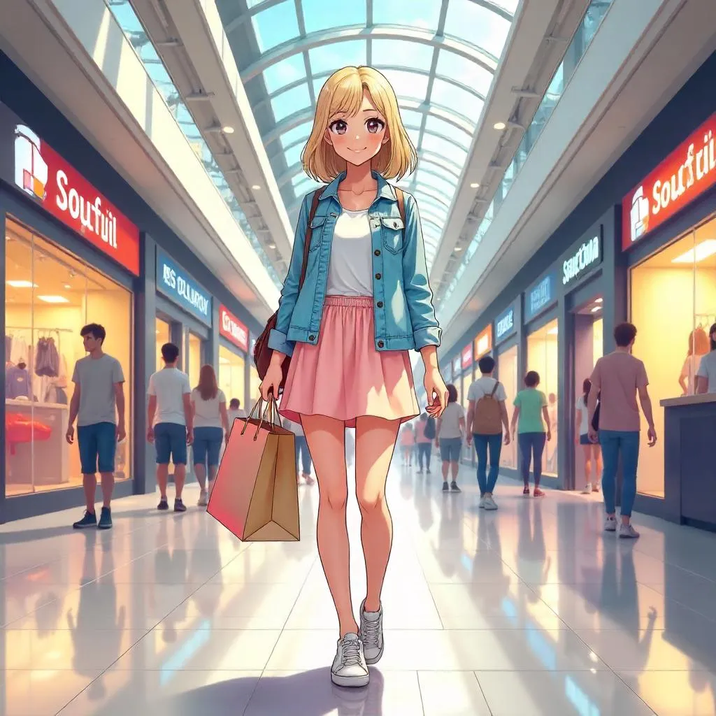 Anime Style Shopper in a Busy Mall