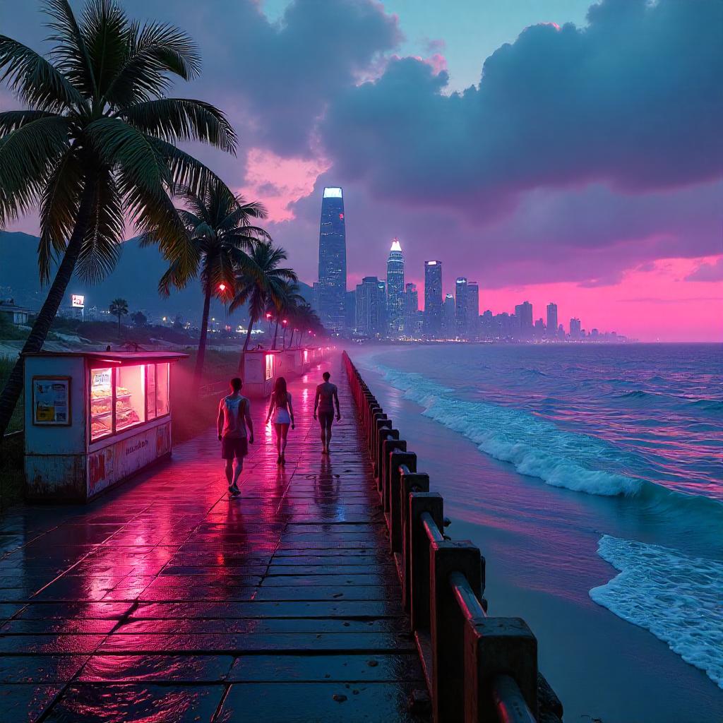 Neon Pier on a Cyberpunk Beach