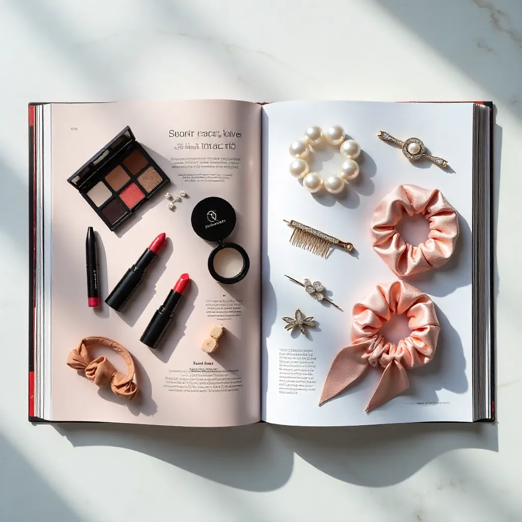 Top-View Beauty & Hair Accessories on Magazine Spread