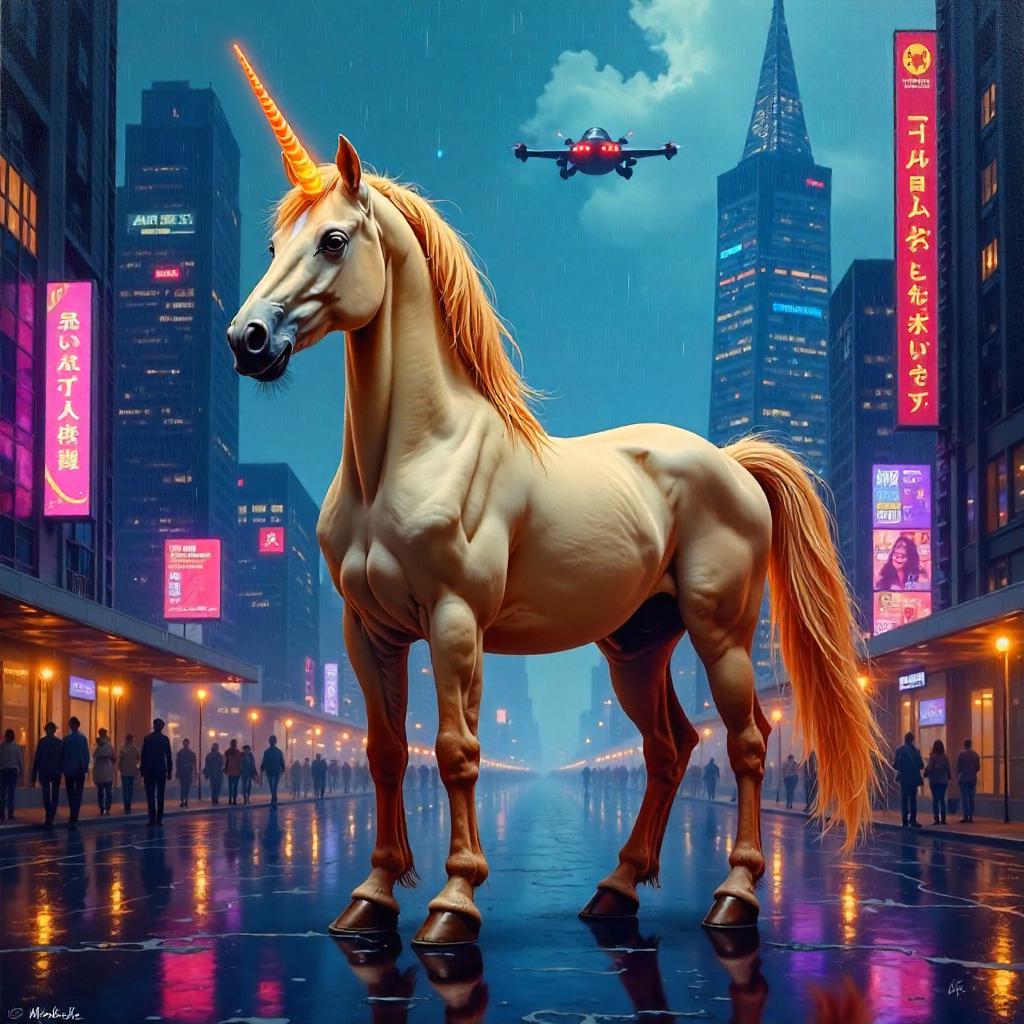Neon Unicorn Over a Futuristic Metropolis