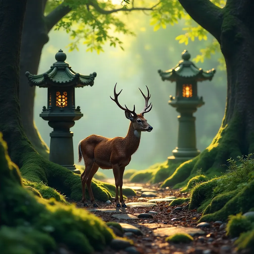 Deer Among Moss-Covered Ancient Lanterns