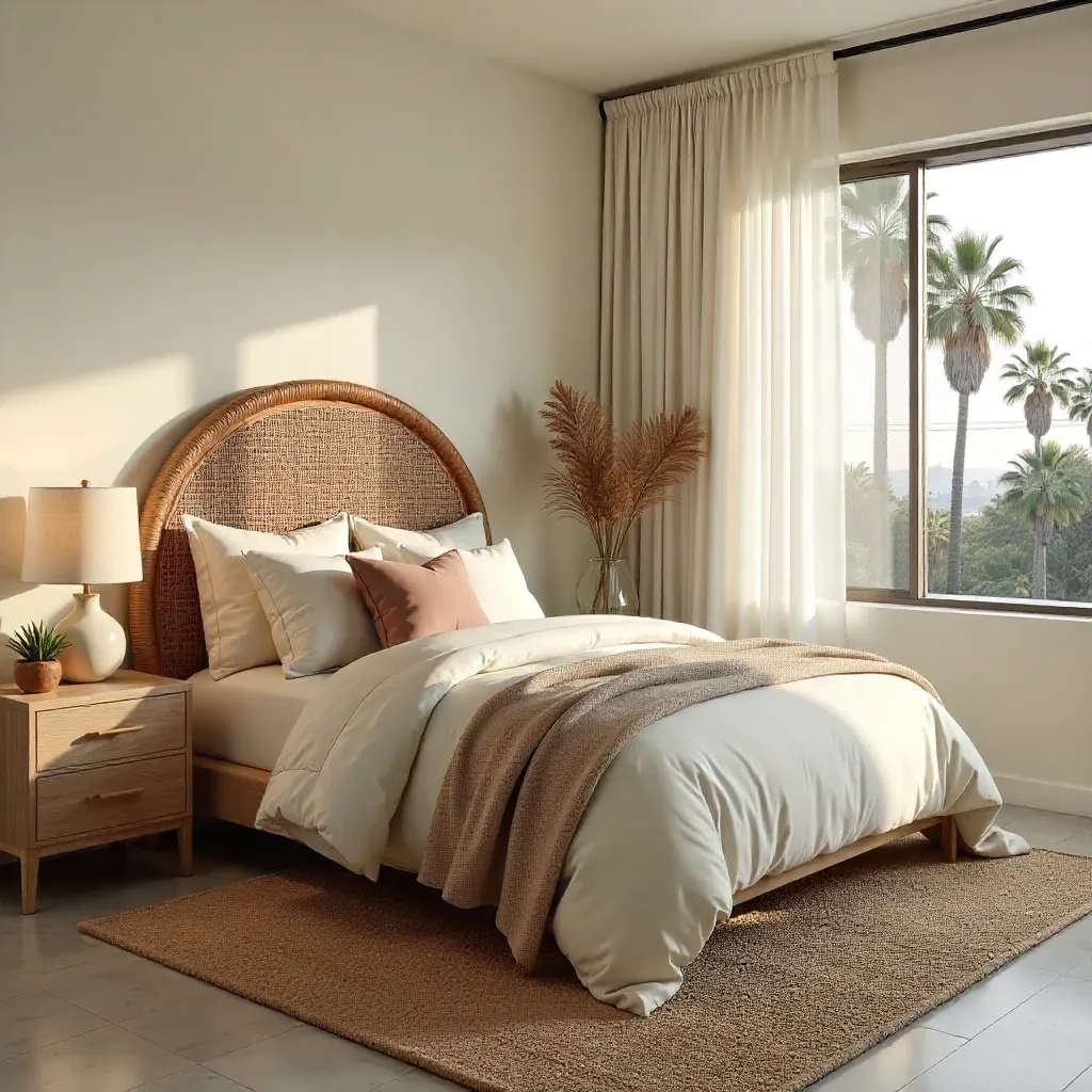 Sunlit LA Bedroom with Rattan Headboard
