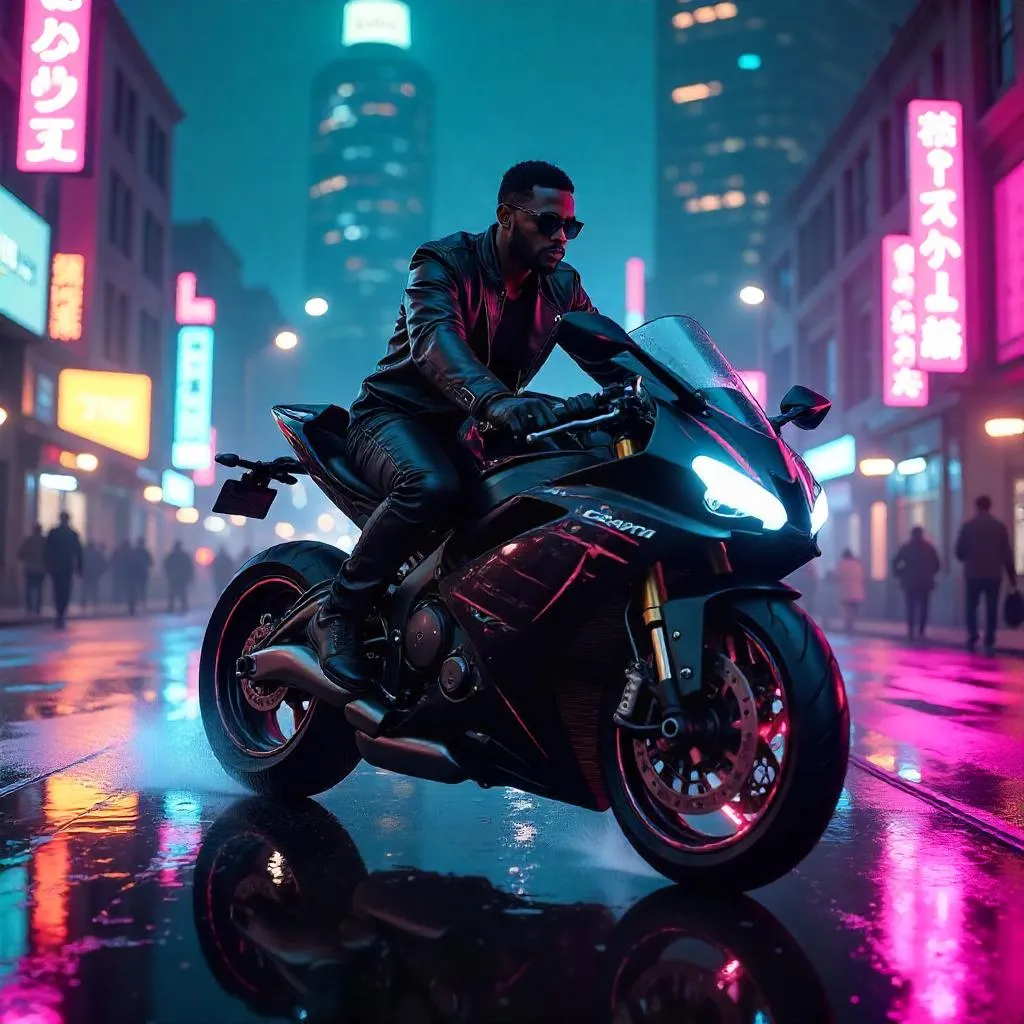 Noir Night Rider: Black Man on a Neon Motorcycle