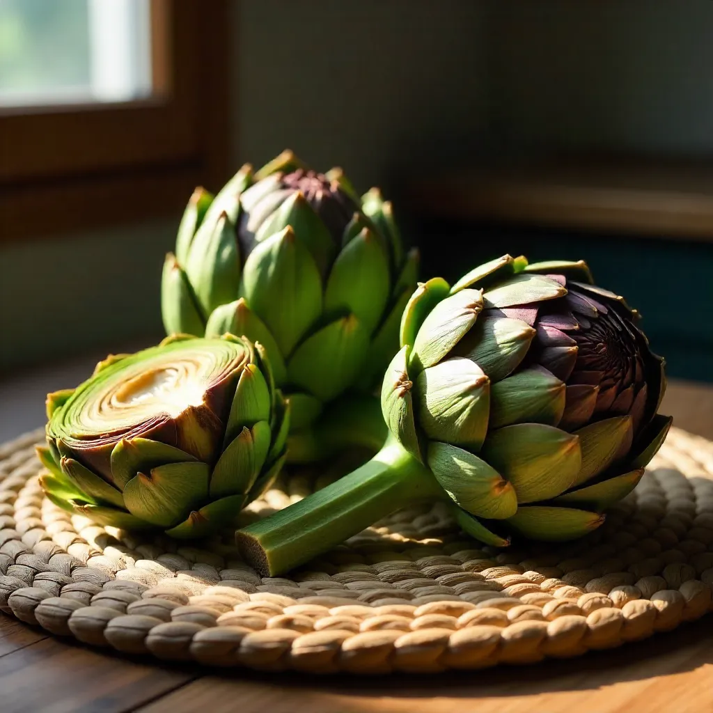Fresh Artichokes on a Woven Table Mat