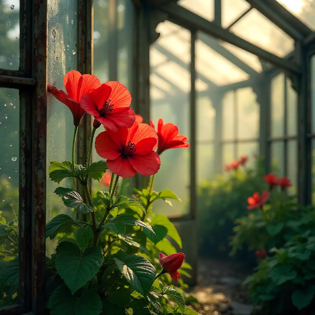Red Blooms in an Aged Glass Greenhouse