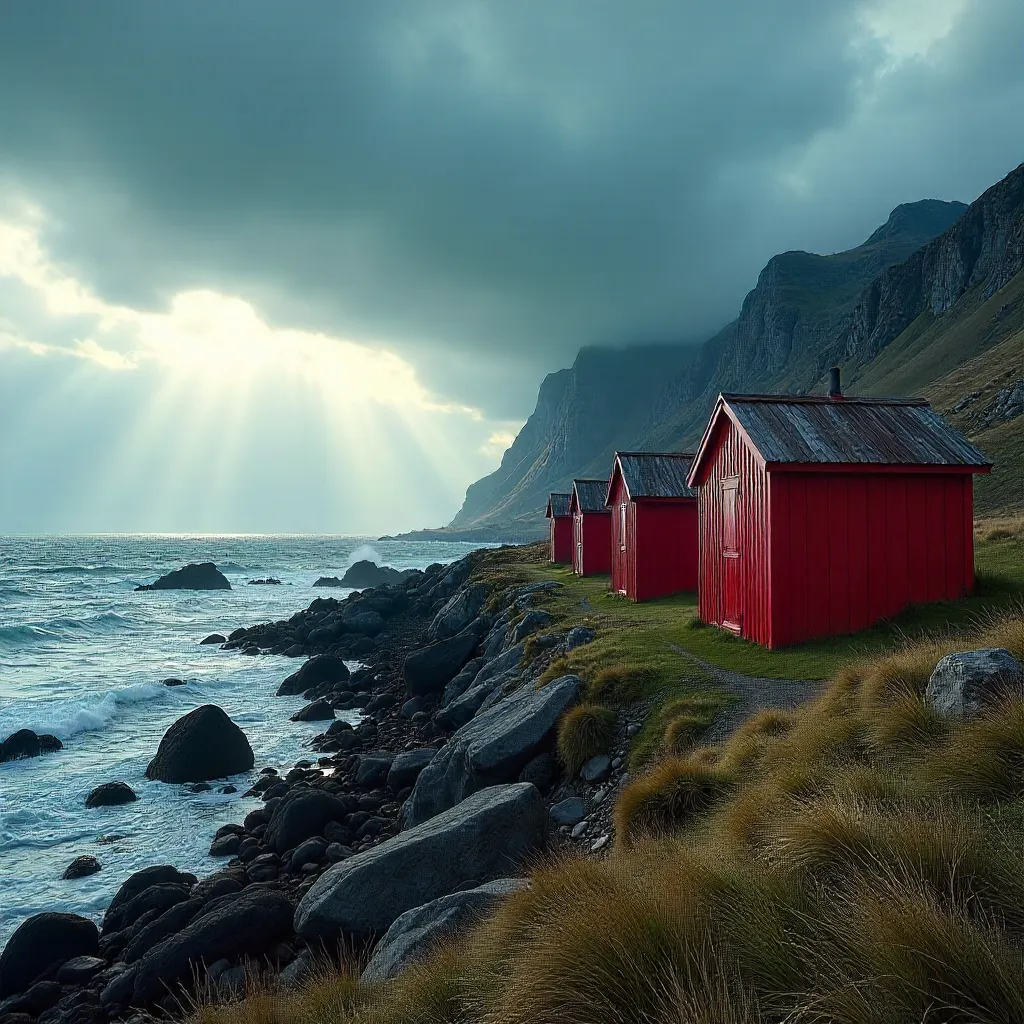 Dramatic Nordland Red Huts under Moody Skies