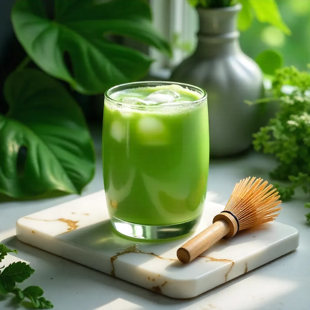Iced Matcha Latte on Marble Slab with Bamboo Whisk