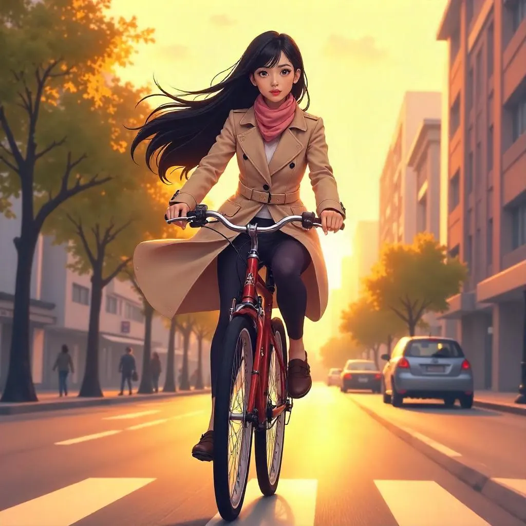Elegant Asian Woman on a Bicycle (Anime)