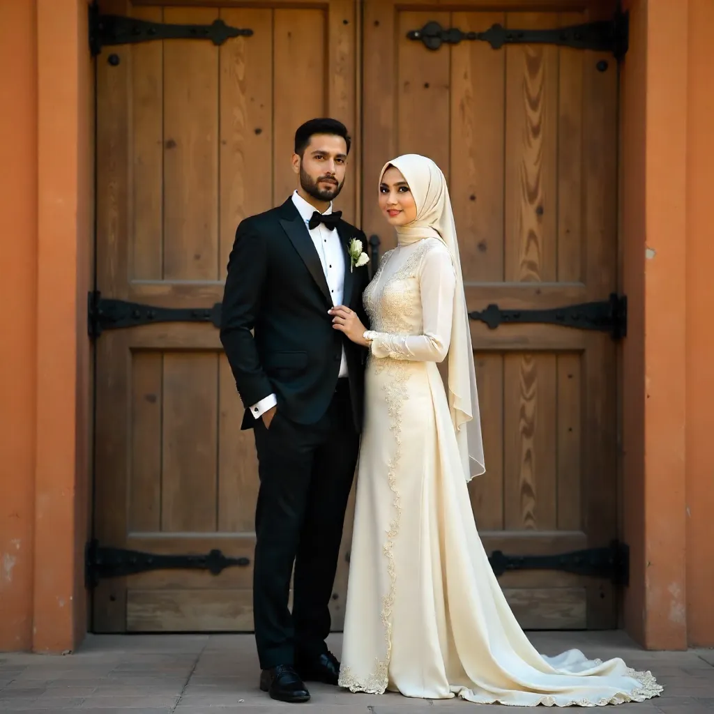 Elegant Muslim Couple at Rustic Door in Golden Hour