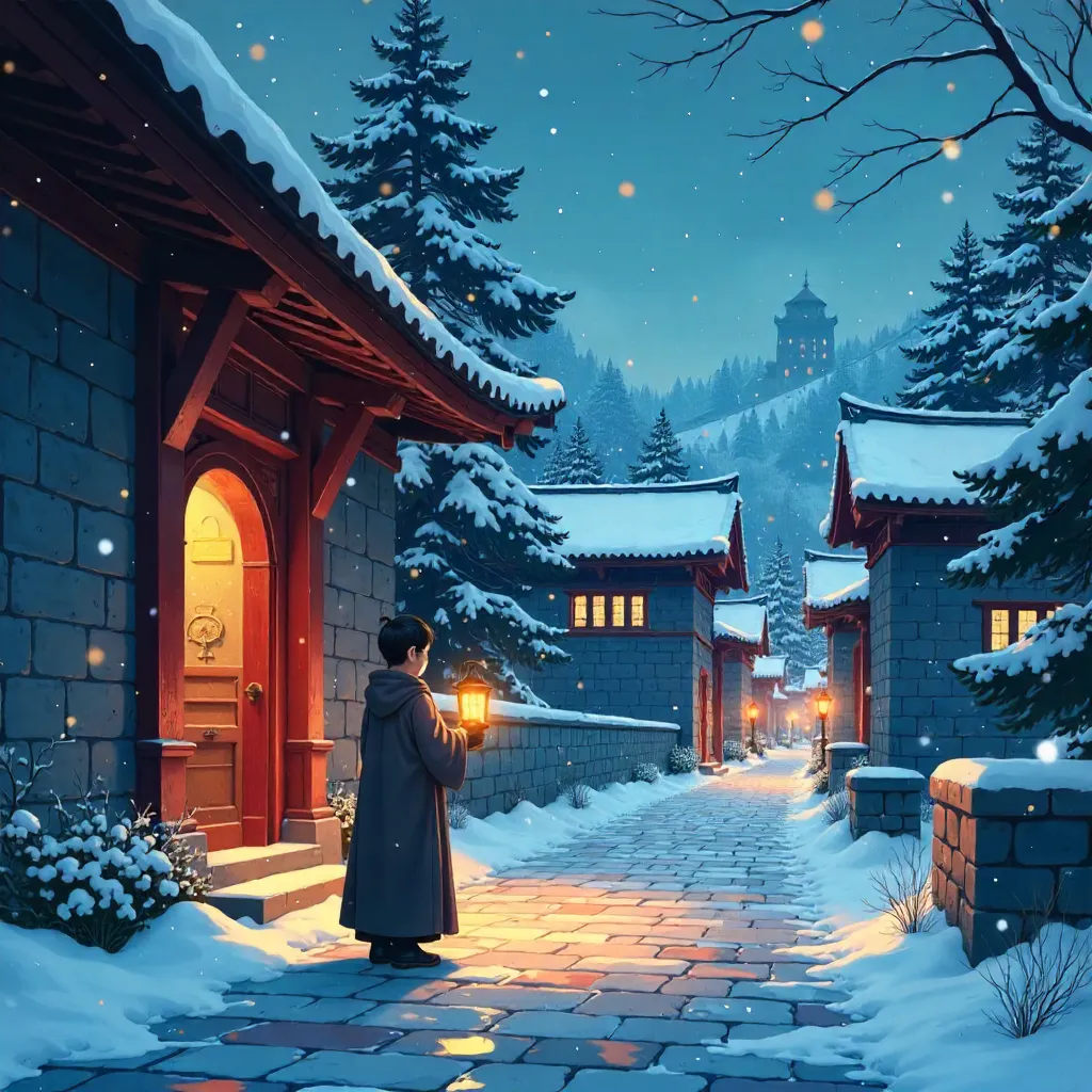 Snowbound Anime Monastery in Quiet Winter Light