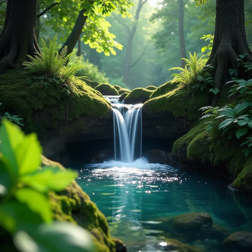 Tranquil Waterfall in a Lush Green Forest