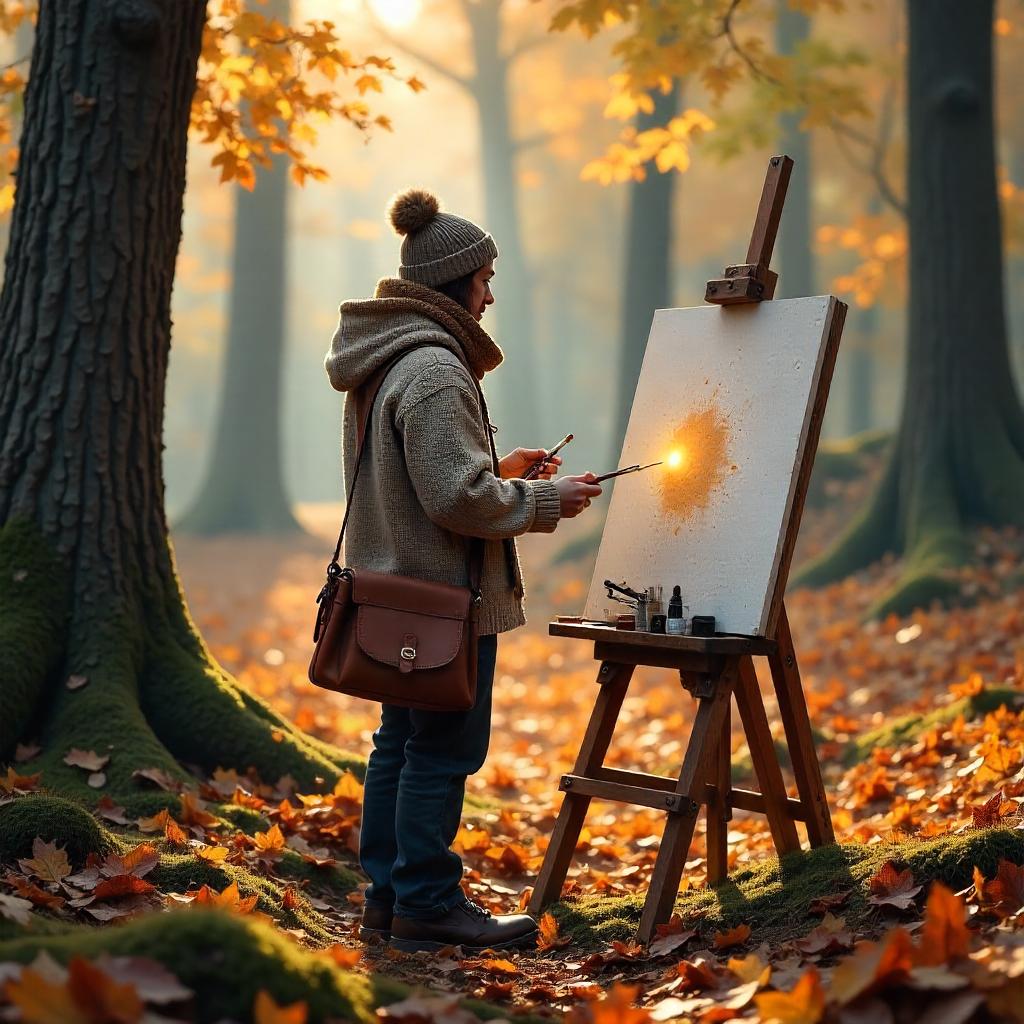 Photorealistic Artist in an Autumn Forest