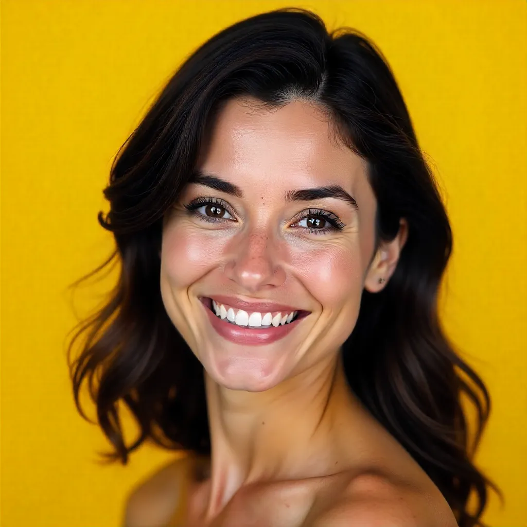 Radiant Smile: Portrait of a Dark-Haired Woman Against Yellow