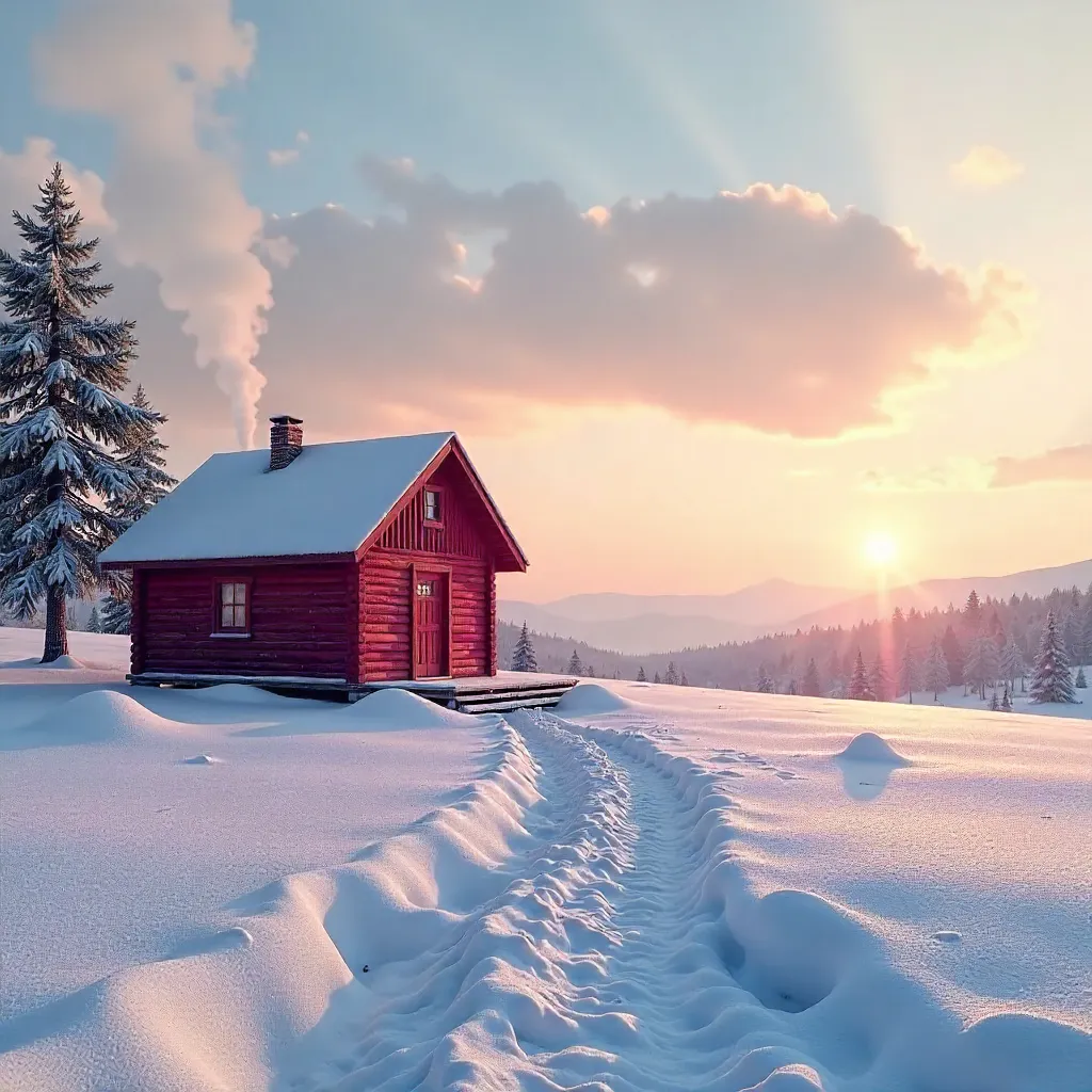 Solitary Red Cabin at Sunrise on Snow