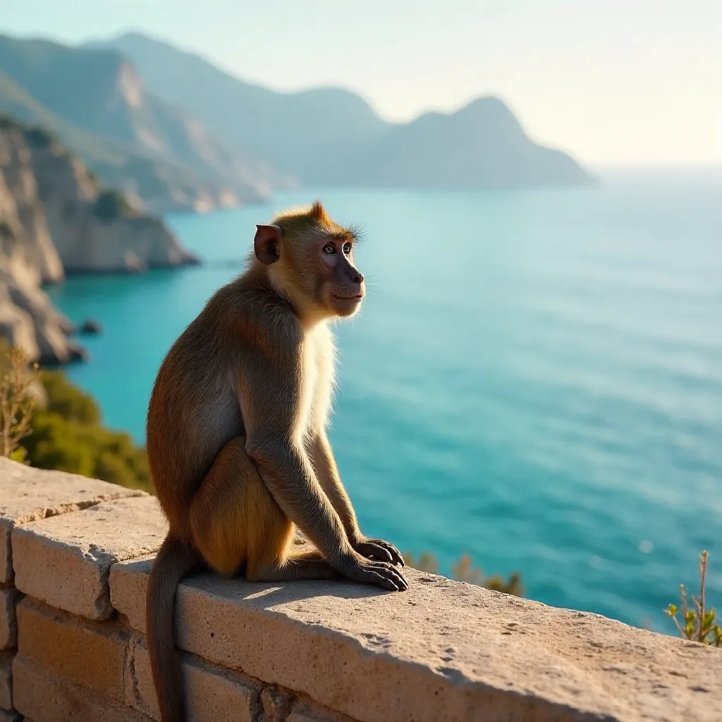 Barbary macaque on stone wall overlooking Gibraltar Bay