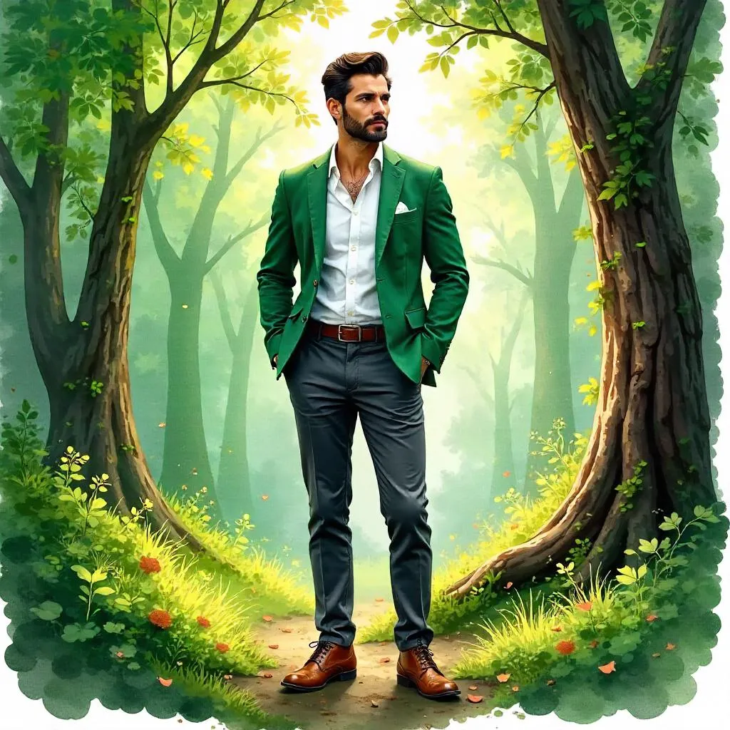 Stylish Latino in Watercolor Forest
