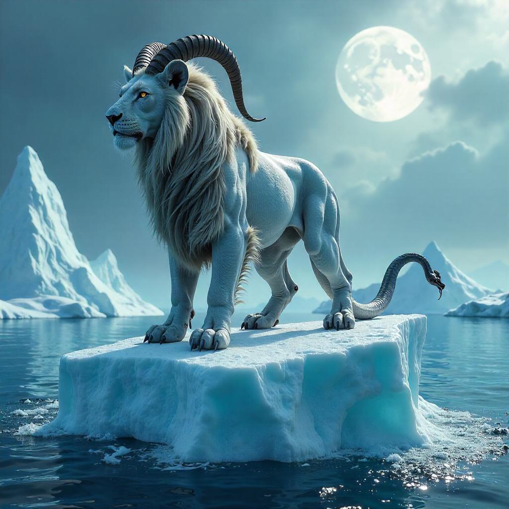 Photoreal Chimera Standing on a Floating Arctic Iceberg