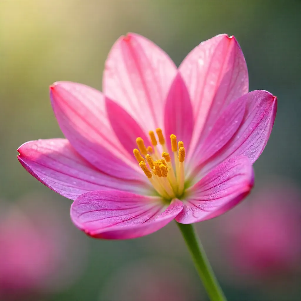 Macro close-up of pink Zephyranthes bloom with soft bokeh