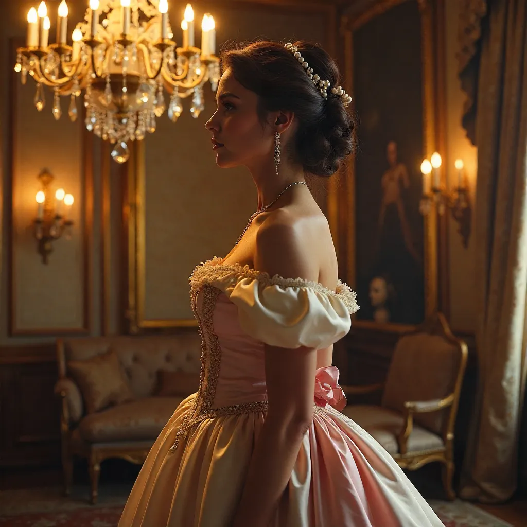 Elegant Woman in Historical Attire by a Glowing Chandelier