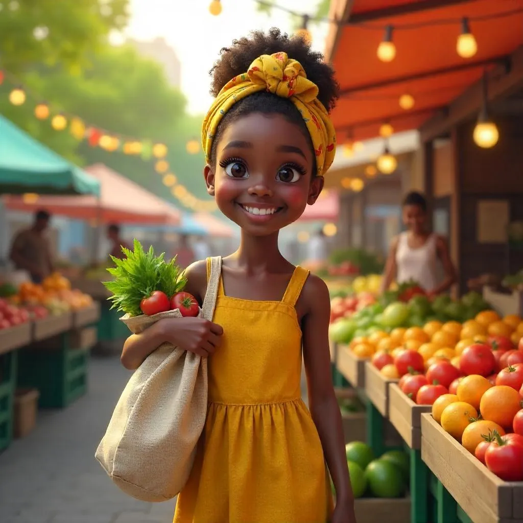 Cheerful Black Girl at a Sunny Farmers Market (3D)