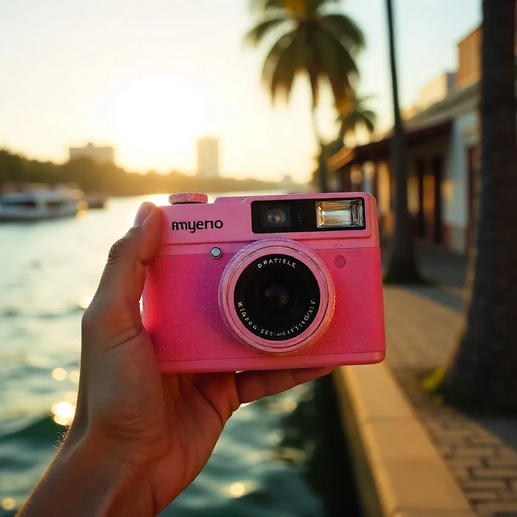 Pink Analog Camera in Belém: Handheld Bokeh Portrait