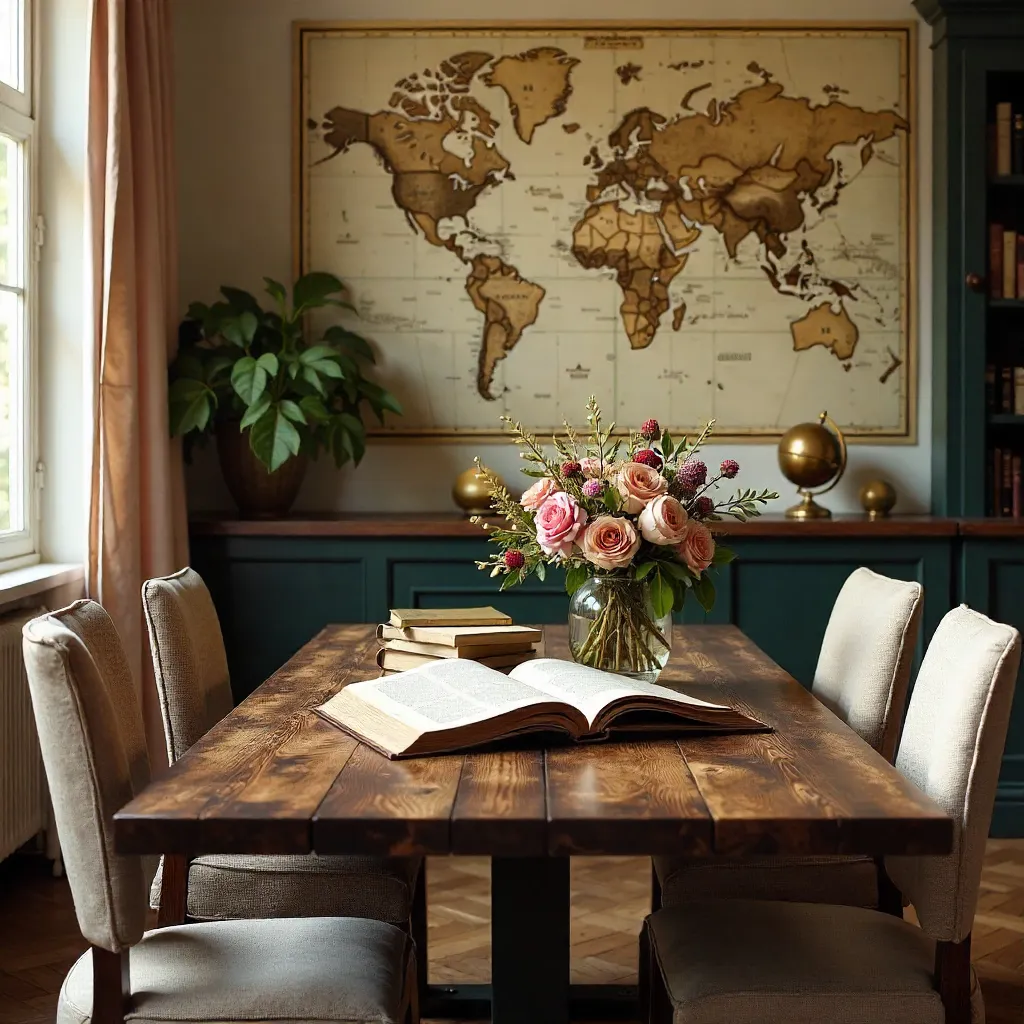 Timeless Dining Nook with Vintage Maps and Florals