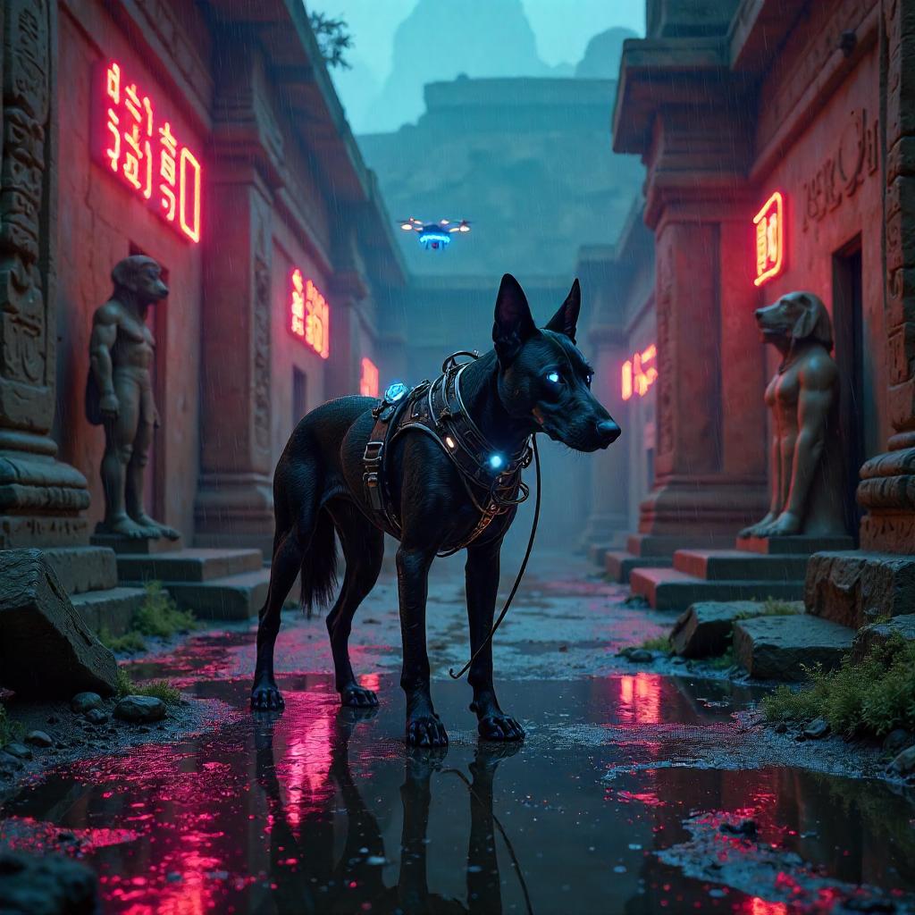 Cyberpunk Dog at Archaeological Ruins