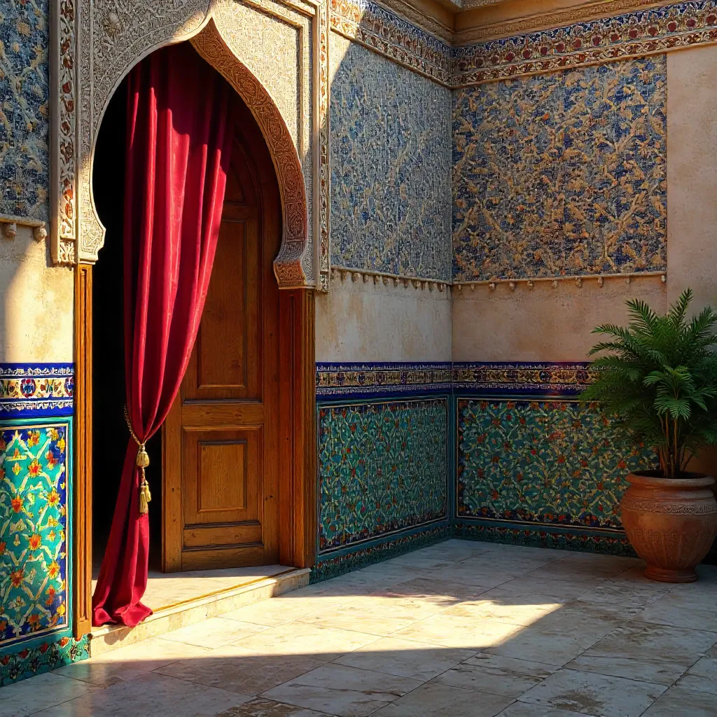 Fez Mosaic Tiles and Red Curtain in a Riad