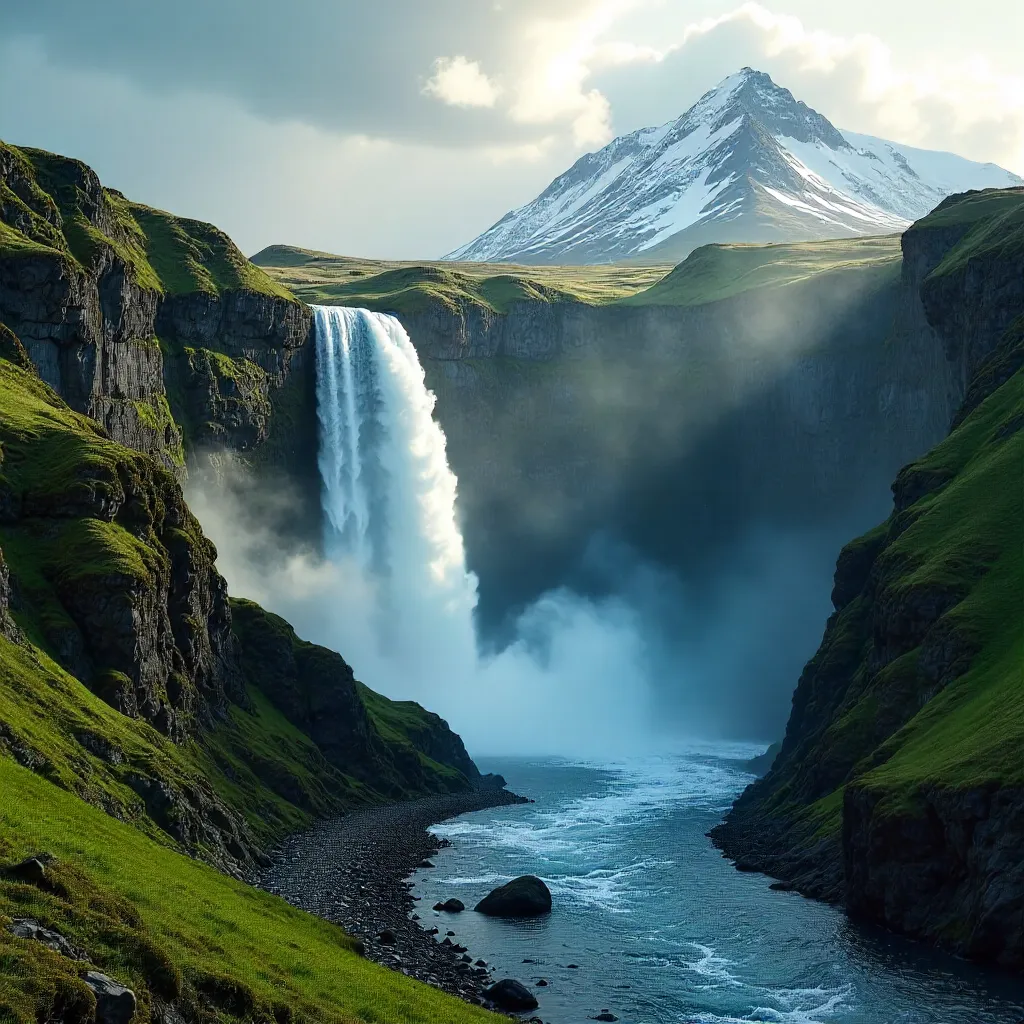 Icelandic Cliffside Waterfall in Mist and Moss