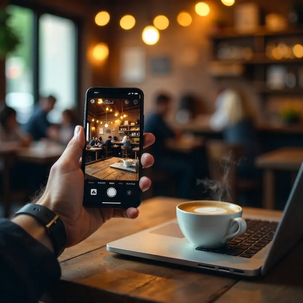Hand Holding Smartphone Capturing Cozy Cafe Scene