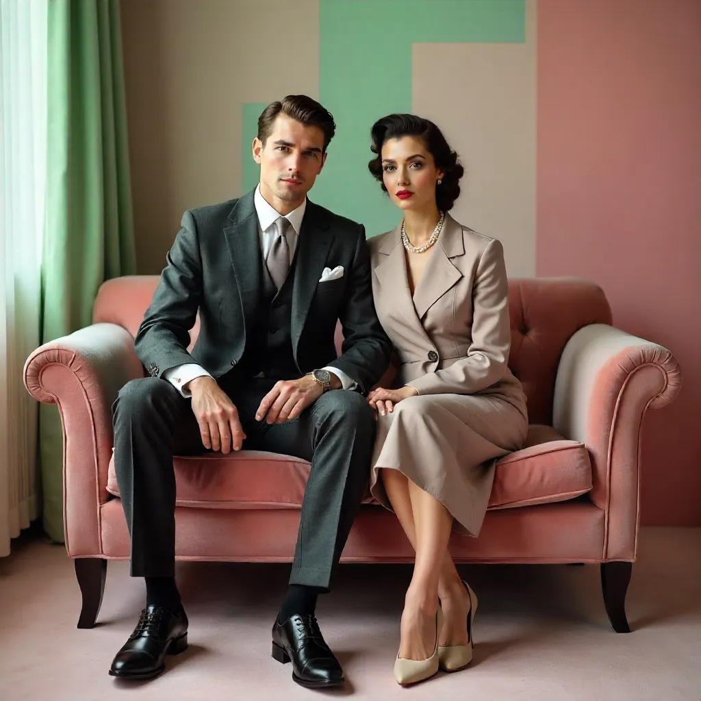 Elegant Vintage-Suited Couple on Pastel Backdrop
