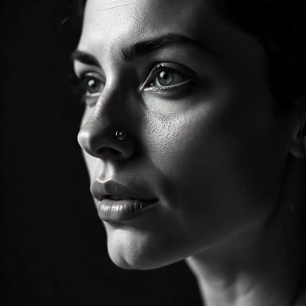 Serene Black-and-White Portrait of an Adult Woman with a Nose Ring