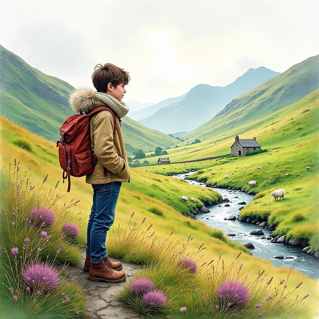 Watercolor Highland Child on a Misty Moor