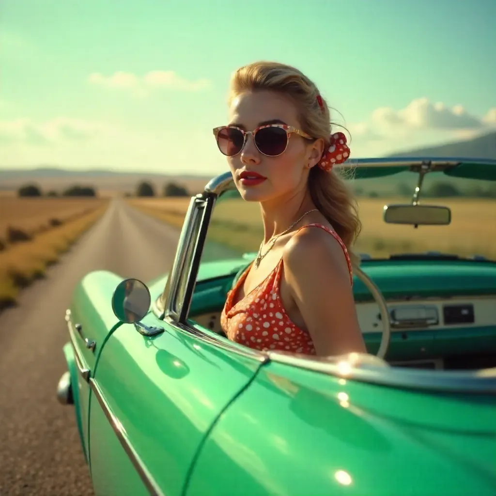 Mint Green Retro Car Portrait in Golden Hour