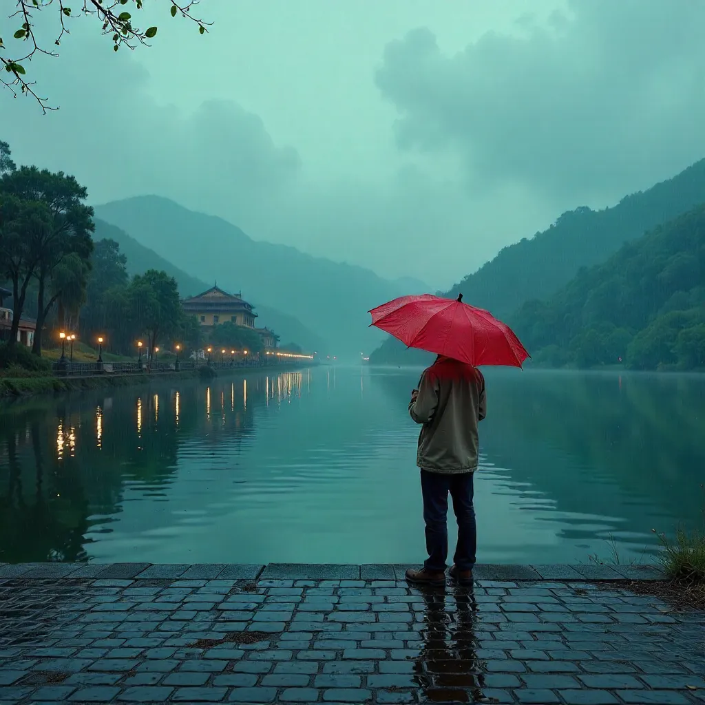 Rainy Dalat Lake: Man Under Umbrella