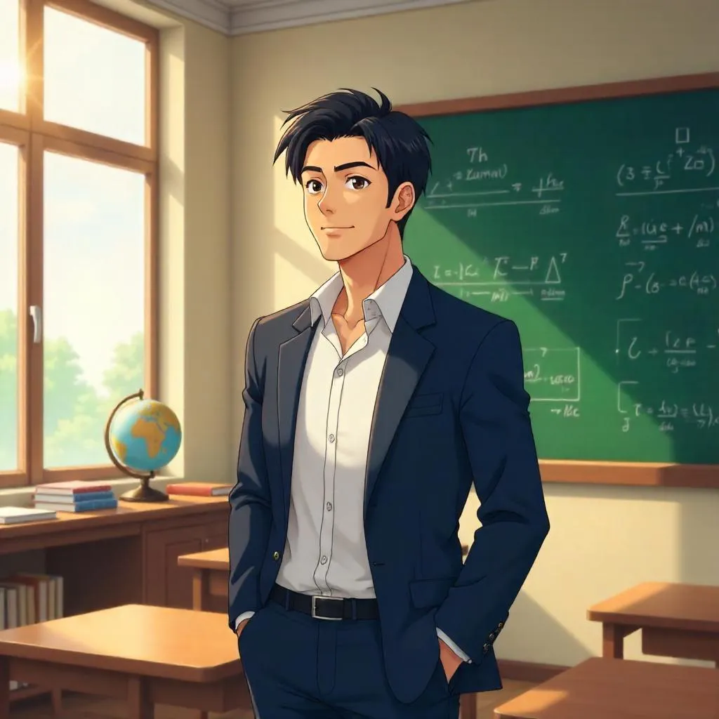Handsome Asian Man in an Anime Classroom