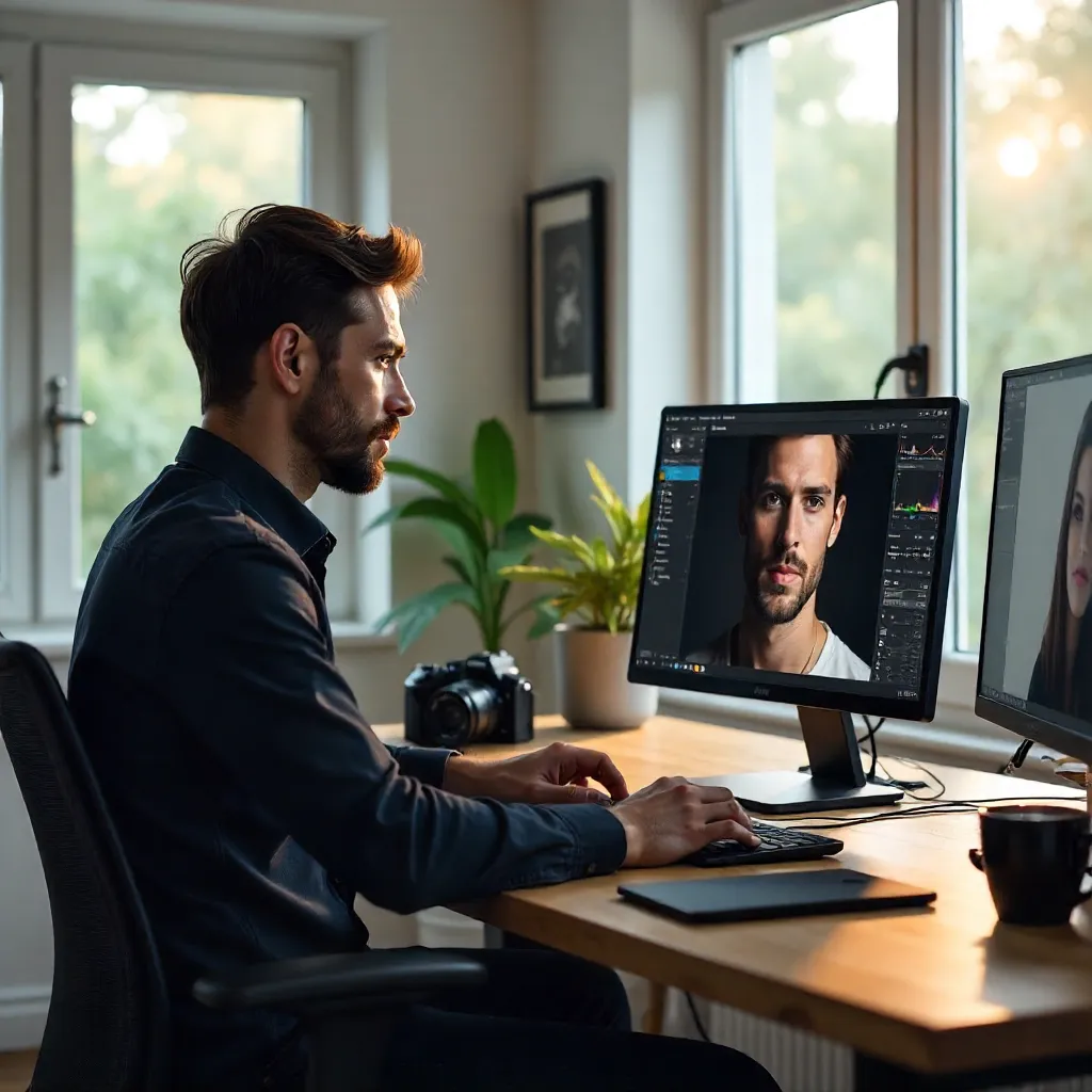 Freelance Photographer Retouching in a Modern Studio
