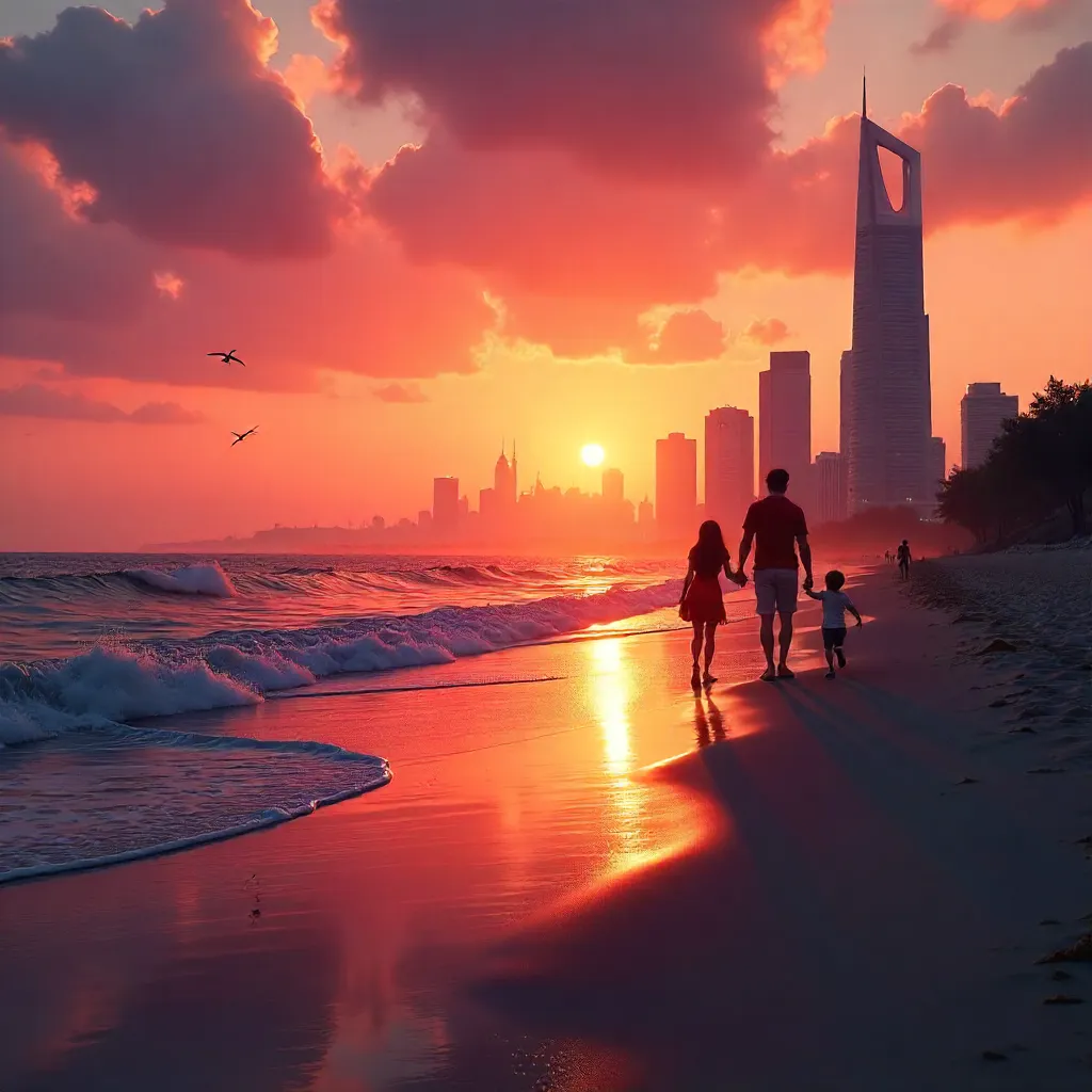 Sunset Silhouquettes on Beach with City Skyline