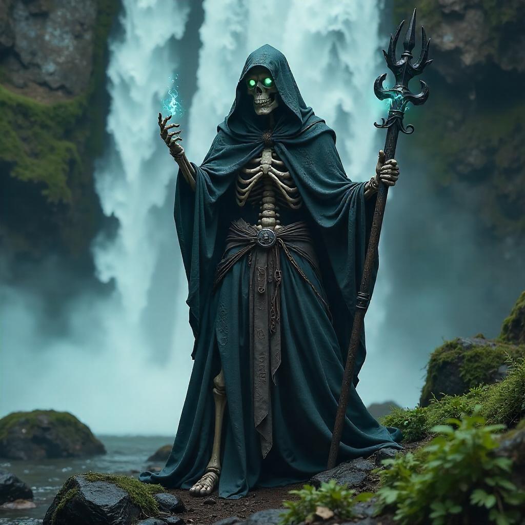 Photorealistic Lich Beside a Misty Waterfall