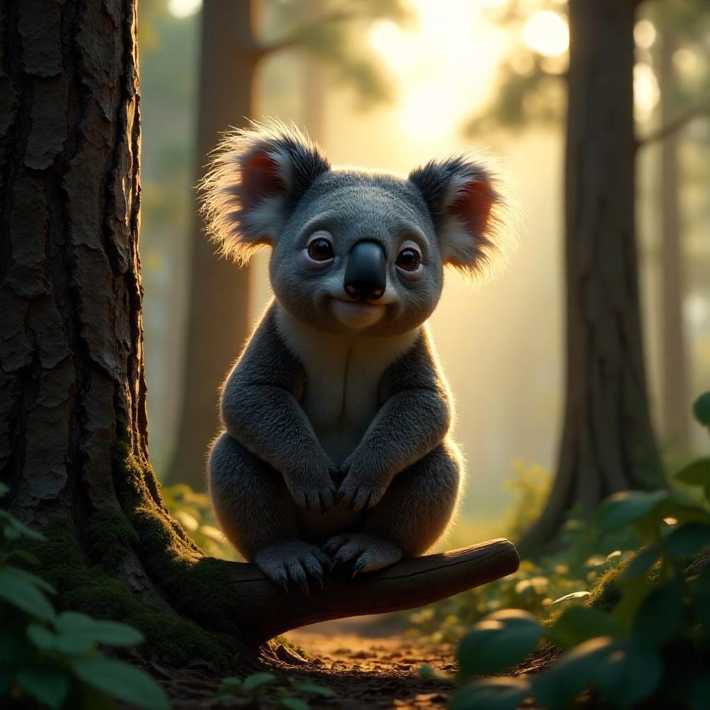Lifelike 3D Koala in a Pine Forest